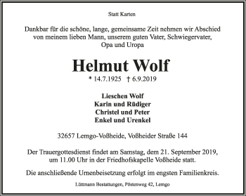 Anzeige  Helmut Wolf  Lippische Landes-Zeitung
