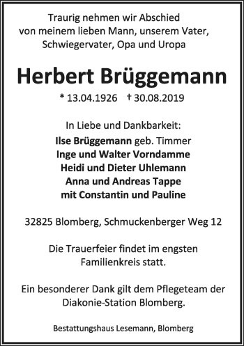 Anzeige  Herbert Brüggemann  Lippische Landes-Zeitung