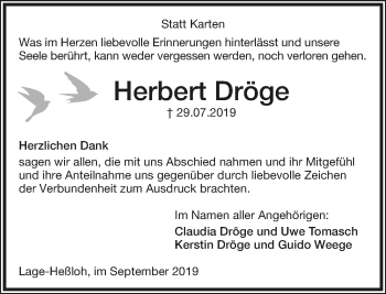 Anzeige  Herbert Dröge  Lippische Landes-Zeitung