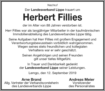 Anzeige  Herbert Fillies  Lippische Landes-Zeitung