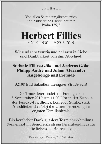 Anzeige  Herbert Fillies  Lippische Landes-Zeitung