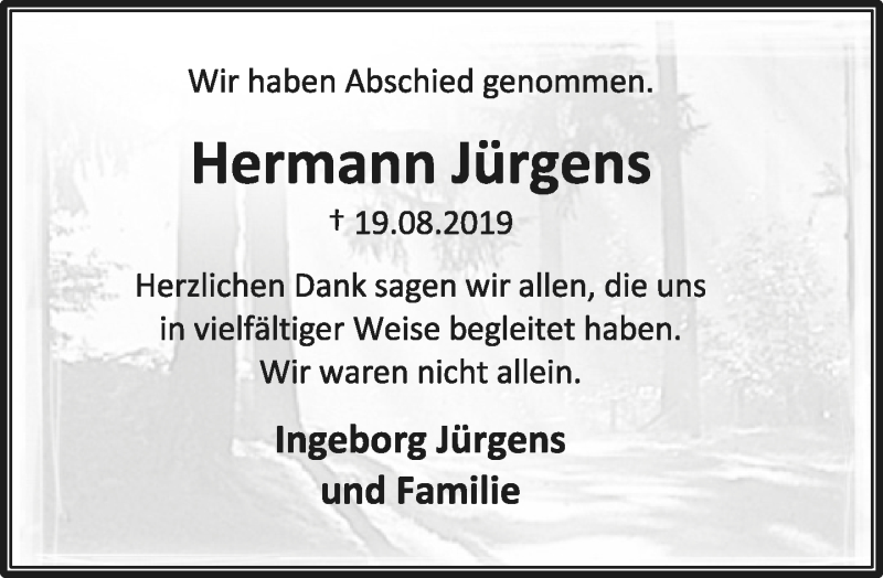  Traueranzeige für Hermann Jürgens vom 18.09.2019 aus Lippische Landes-Zeitung