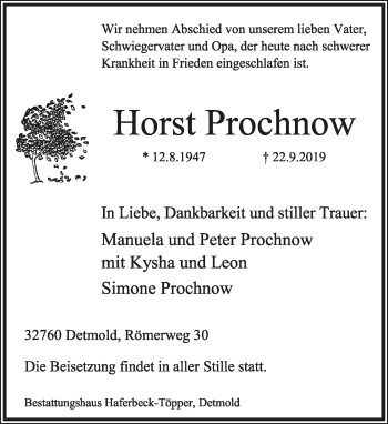 Anzeige  Horst Prochnow  Lippische Landes-Zeitung