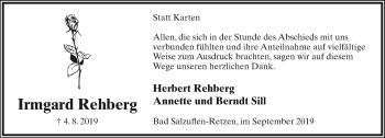 Anzeige  Irmgard Rehberg  Lippische Landes-Zeitung
