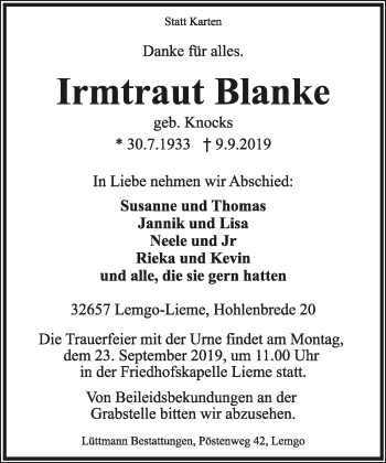Anzeige  Irmtraut Blanke  Lippische Landes-Zeitung