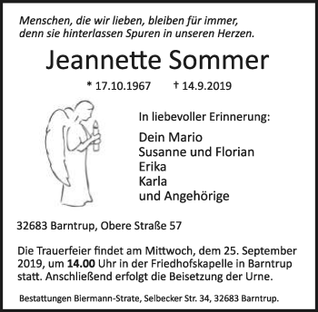 Anzeige  Jeannette Sommer  Lippische Landes-Zeitung
