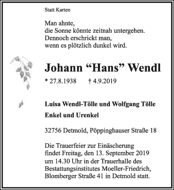 Anzeige  Johann Wendl  Lippische Landes-Zeitung