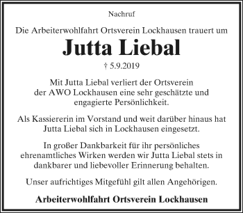 Anzeige  Jutta Liebal  Lippische Landes-Zeitung