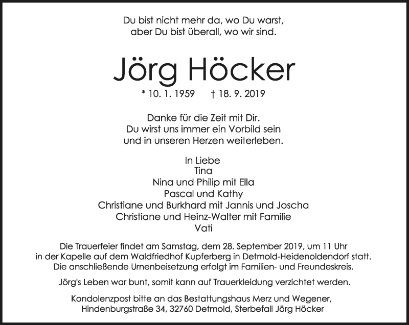  Traueranzeige für Jörg Höcker vom 21.09.2019 aus Lippische Landes-Zeitung