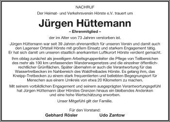 Anzeige  Jürgen Hüttemann  Lippische Landes-Zeitung