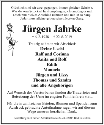Anzeige  Jürgen Jahrke  Lippische Landes-Zeitung