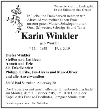 Anzeige  Karin Winkler  Lippische Landes-Zeitung