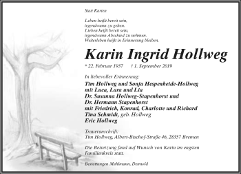 Anzeige  Karin Ingrid Hollweg  Lippische Landes-Zeitung