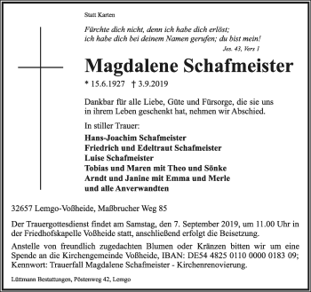 Anzeige  Magdalene Schafmeister  Lippische Landes-Zeitung