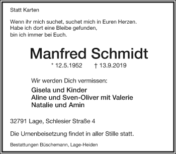 Anzeige  Manfred Schmidt  Lippische Landes-Zeitung
