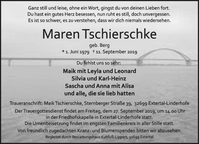  Traueranzeige für Maren Tschierschke vom 21.09.2019 aus Lippische Landes-Zeitung
