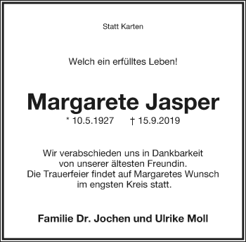 Anzeige  Margarete Jasper  Lippische Landes-Zeitung