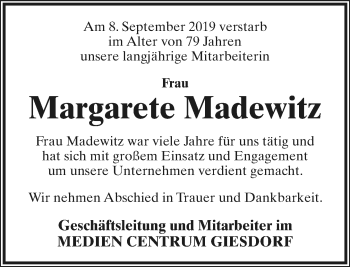 Anzeige  Margarete Madewitz  Lippische Landes-Zeitung