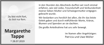 Anzeige  Margarethe Tappe  Lippische Landes-Zeitung