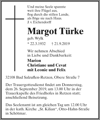 Anzeige  Margot Türke  Lippische Landes-Zeitung