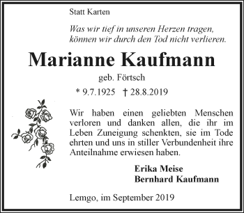 Anzeige  Marianne Kaufmann  Lippische Landes-Zeitung