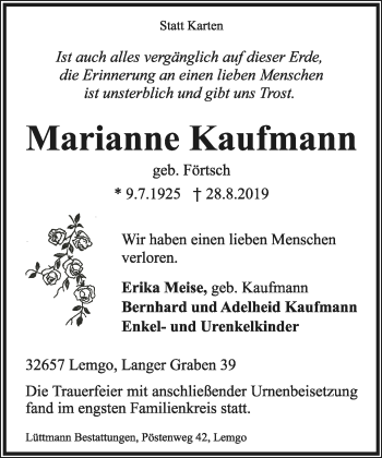Anzeige  Marianne Kaufmann  Lippische Landes-Zeitung