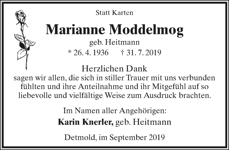  Traueranzeige für Marianne Moddelmog vom 07.09.2019 aus Lippische Landes-Zeitung