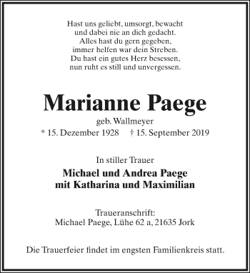 Anzeige  Marianne Paege  Lippische Landes-Zeitung