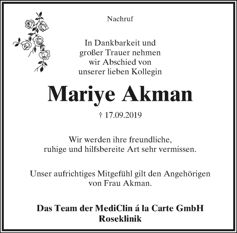  Traueranzeige für Mariye Akman vom 28.09.2019 aus Lippische Landes-Zeitung