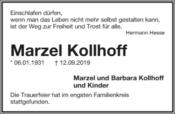 Anzeige  Marzel Kollhoff  Lippische Landes-Zeitung