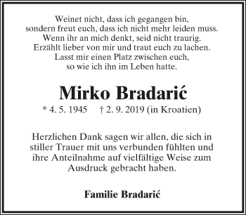 Anzeige  Mirko Bradaric  Lippische Landes-Zeitung