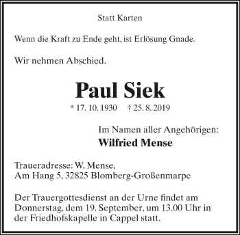 Anzeige  Paul Siek  Lippische Landes-Zeitung