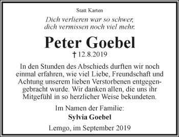 Anzeige  Peter Goebel  Lippische Landes-Zeitung