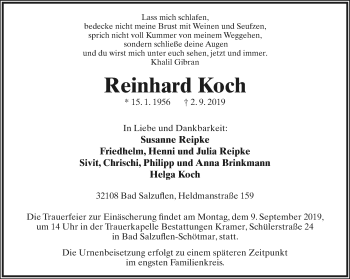 Anzeige  Reinhard Koch  Lippische Landes-Zeitung