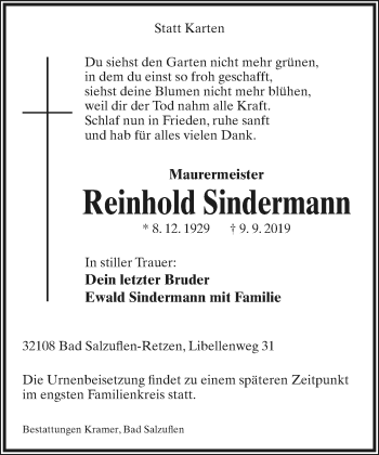 Anzeige  Reinhold Sindermann  Lippische Landes-Zeitung