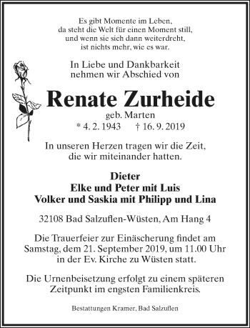 Anzeige  Renate Zurheide  Lippische Landes-Zeitung