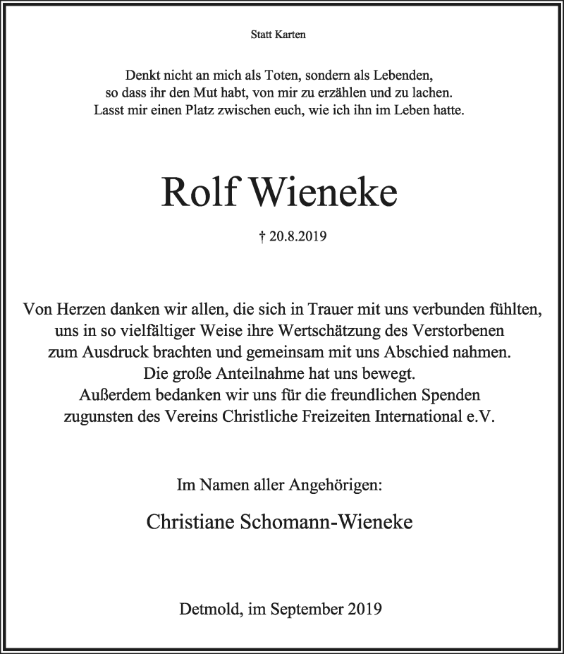  Traueranzeige für Rolf Wieneke vom 21.09.2019 aus Lippische Landes-Zeitung