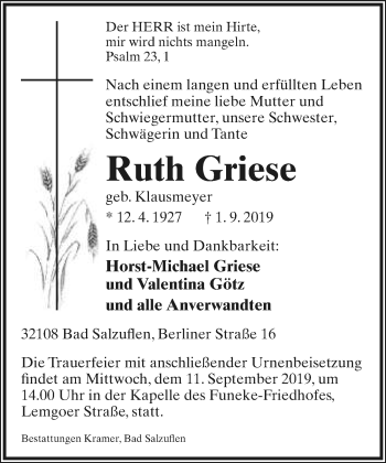 Anzeige  Ruth Griese  Lippische Landes-Zeitung