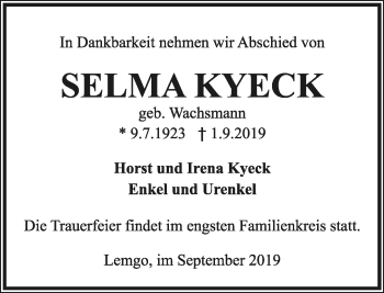 Anzeige  Selma Kyeck  Lippische Landes-Zeitung