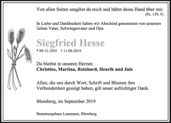Anzeige  Siegfried Hesse  Lippische Landes-Zeitung