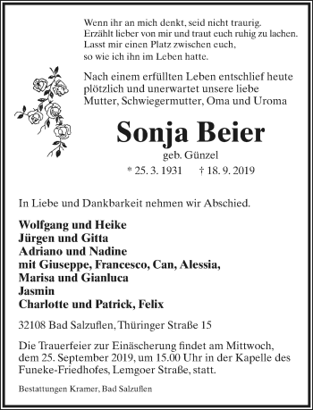 Anzeige  Sonja Beier  Lippische Landes-Zeitung