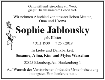 Anzeige  Sophie Jablonsky  Lippische Landes-Zeitung