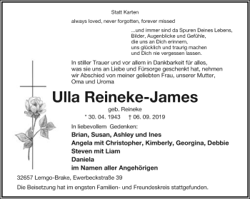 Anzeige  Ulla Reineke-James  Lippische Landes-Zeitung