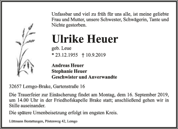 Anzeige  Ulrike Heuer  Lippische Landes-Zeitung