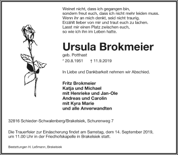 Anzeige  Ursula Brokmeier  Lippische Landes-Zeitung