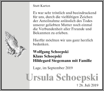 Anzeige  Ursula Schoepski  Lippische Landes-Zeitung