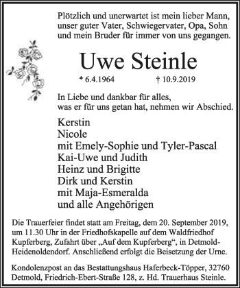 Anzeige  Uwe Steinle  Lippische Landes-Zeitung