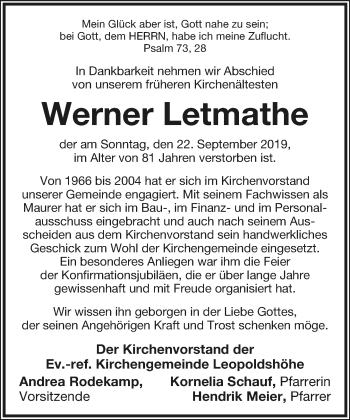 Anzeige  Werner Letmathe  Lippische Landes-Zeitung