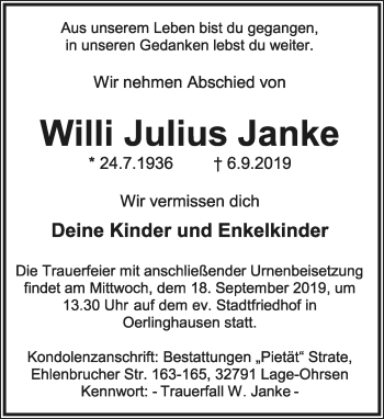 Anzeige  Willi Julius Janke  Lippische Landes-Zeitung