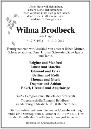 Anzeige  Wilma Brodbeck  Lippische Landes-Zeitung